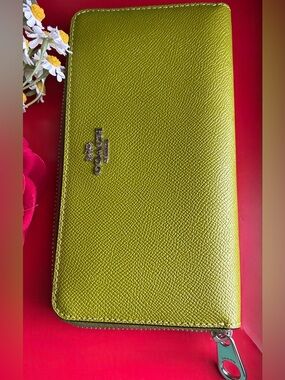Coach Lime Green Saffiano Zip Wallet with Silver Logo